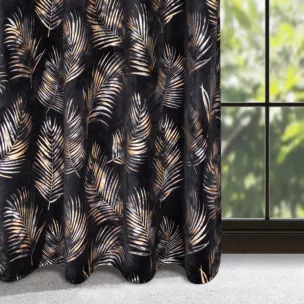 Zasłona welwetowa czarno, szampańska z błyszczącym nadrukiem palmowych liści 140x250 cm przelotka - GLORIA