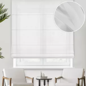 Roleta rzymska biała półprzezroczysta, z matowego woalu, o niestandardowej wysokości 370cm, wykończona obciążnikiem