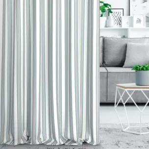 Zasłona szyta na tunelu jasnokremowo turkusowa z tkaniny o naturalnym splocie z nadrukowanym wzorem w pasy