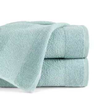 Ręcznik kąpielowy 50x90 cm bawełniany kolor miętowy zdobiony wytłaczanym motywem róż z dodatkiem błyszczącej nici IRIS