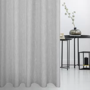 Zasłona szyta na flexach srebrna z tkaniny o naturalnym splocie z efektem bukli, wykończona obciążnikiem