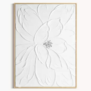 Obraz biały ręcznie malowany trójwymiarowy kwiat zdobiony kryształkami 60x90 cm