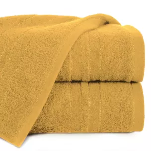 Ręcznik kąpielowy 50x90 cm bawełniany kolor musztardowy z bordiurą w paski podkreślone błyszczącą nicią 500 g/m2 GALA