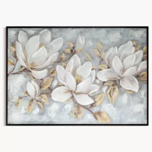 Obraz kremowo, beżowy ręcznie malowane magnolie na płótnie z błyszczącymi akcentami 70x140 cm