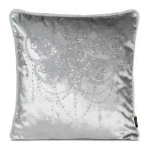 Poszewka na poduszkę 45x45 cm welwetowa, srebrna zdobiona wzorem motyla z kryształków ROYAL 8