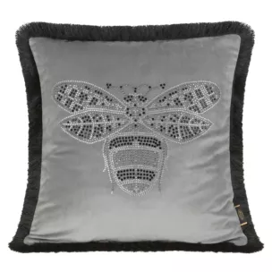 Poszewka ROYAL 2 z lśniącego welwetu zdobiona aplikacją z pszczołą z dwukolorowych kamyczków z puszystą pasmanterią