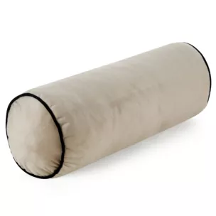 Poduszka dekoracyjna wałek 15 x 45 cm welwetowa beżowa zdobiony kontrastującą lamówką GAJA