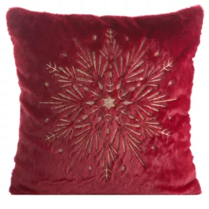 Poszewka na poduszkę świąteczna 45x45 cm bordowo, szampańska z przyjemnego futerka zdobiona haftem śnieżynki