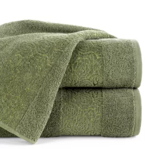 Ręcznik kąpielowy 50x90 cm bawełniany kolor ciemnozielony zdobiony wytłaczanym motywem róż z dodatkiem błyszczącej nici IRIS