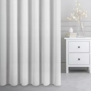 Firana szyta na taśmie 5 cm biała z jedwabiście miękkiej matowej krepy, wykończona obciążnikiem