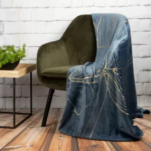 Koc 150x200 cm granatowy ze złotym nadrukiem z motywem liści kwiatu lotosu LILI 2