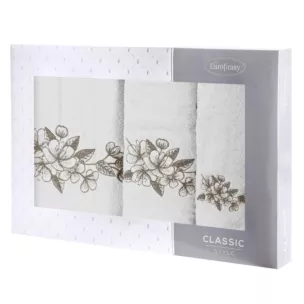 Zestaw ręczników bawełnianych na prezent 3 szt kolor kremowy, beżowy z haftowanym motywem kwiatu wiśni 400 g/m2 SOFIA