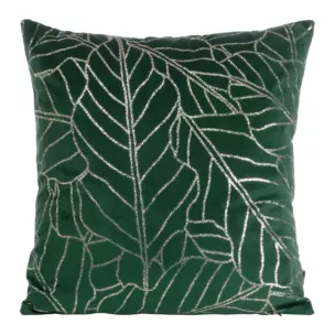 Poszewka na poduszkę 45x45 cm welwetowa ciemnozielona z nadrukiem błyszczących liści BLINK 32