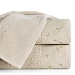 Ręcznik kąpielowy 70x140 cm bawełniany kolor beżowy zdobiony haftem różyczek DALIA