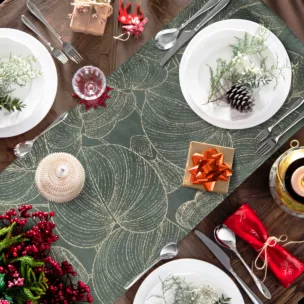 Bieżnik na stół ciemnomiętowo, złocisty 35x180 cm welwetowy BLINK 16 z dużym wzorem liści