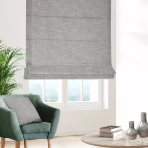 Roleta rzymska srebrna z ekologicznej tkaniny zawierającej len, wykończona obciążnikiem