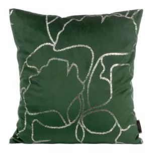 Poszewka na poduszkę 45x45 cm welwetowa ciemnozielona z błyszczącym nadrukiem liści miłorzębu BLINK 35