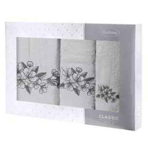 Zestaw ręczników bawełnianych na prezent 3 szt kolor srebrny,stalowy z haftowanym motywem kwiatu wiśni 400 g/m2 SOFIA