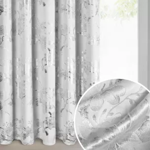 Zasłona biało, srebrna zdobiona nadrukiem błyszczących kwiatów 140x270 cm taśma - CELIA