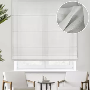 Roleta rzymska srebrna z półmatowej etaminy o luźnym splocie, wykończona obciążnikiem