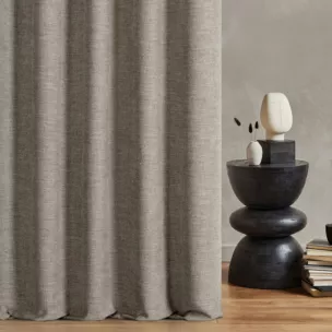 Zasłona szyta na taśmie 5 cm ciemnobeżowa tkanina o naturalnym charakterze z efektem melanżu