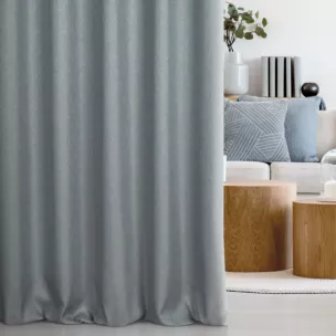 Zasłona szyta na taśmie fala niebieska z tkaniny z dodatkiem połyskującej nici, z widocznym ozdobnym splotem Italissima Eva Minge