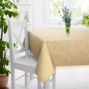 Obrus szyty beżowy o naturalnym, luźnym splocie w stylu eko