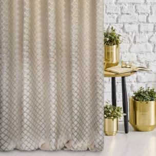 Zasłona szyta na taśmie 5 cm kremowo złota z szenilowej tkaniny w drobny geometryczny wzór przetykany błyszczącą nicią