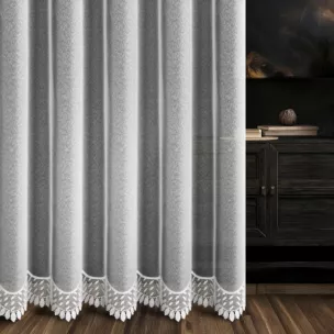 Firana szyta na taśmie 5 cm biała z markizety zdobionej jednym pasem aplikacji z geometrycznym wzorem