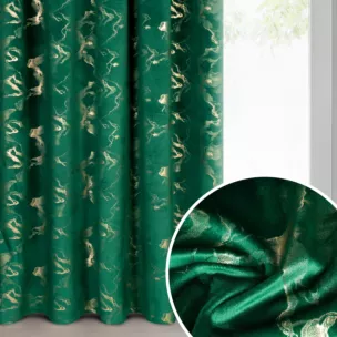 Zasłona ciemnozielono, szampańska welwetowa zdobiona błyszczącym nadrukiem 140x270 cm taśma - RAJA