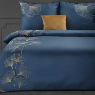 Pościel 160x200 cm z satyny bawełnianej kolor granatowy haftowana w złote liście miłorzębu HAFT 2 Eurofirany Premium