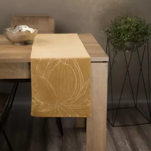 Bieżnik na stół miodowo, złocisty 35x220 cm welwetowy BLINK 12 z dużym wzorem kwiatu lotosu