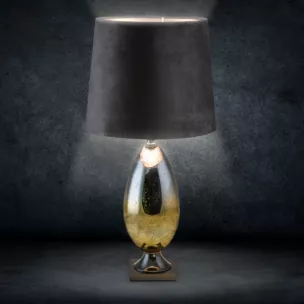 Lampa stołowa KAYLA na podstawie z metalu i szkła z abażurem z matowego welwetu
