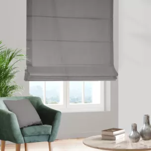 Roleta rzymska szara z gładkiej tkaniny typu Blackout zaciemniającej 100%