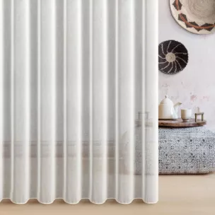 Firana szyta na taśmie 5 cm naturalna z wysokiej jakości niepalnej tkaniny z certyfikatem,o naturalnym splocie, wykończona obciążnikiem