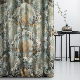 Zasłona szyta na flexach jasnoturkusowo złota z grubej welwetowej tkaniny w elegancki ornamentowy wzór Italissima Eva Minge