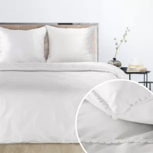 Pościel 160x200 cm komplet 3 częściowy z mieszanki włókien kolor biały zdobiona pasem koronki LINDA z kolekcji Nova Style