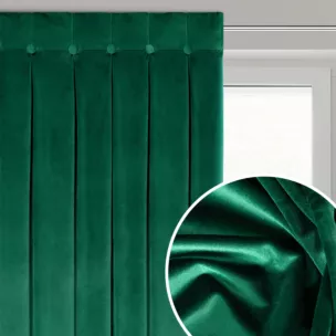 Zasłona ciemnozielona z welwetowej tkaniny zdobiona głębokimi fałdami i guzikami 85x250 cm (wymiar podany na gotowo) szelki - ALITA