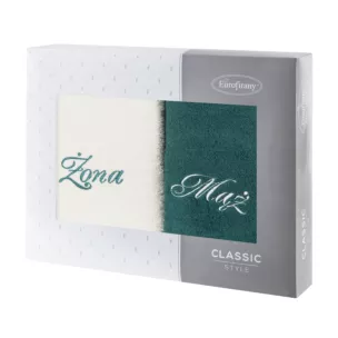 Zestaw ręczników bawełnianych na prezent 2 szt 70x140 cm z haftem Żona i Mąż kolor kremowy,ciemnozielony 400 g/m2