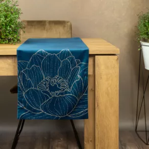 Bieżnik na stół granatowo, złocisty 35x220 cm welwetowy BLINK 13 z dużym wzorem lilii wodnej
