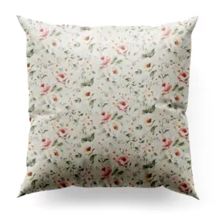 Poszewka szyta beżowo różowa z tkaniny o naturalnym splocie z nadrukowanym kwiatowym wzorem