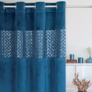 Zasłona granatowo, srebrna z lśniącego welwetu z aplikacja z cekinów 140x250 cm przelotka - MARGOT