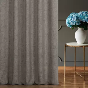 Zasłona szyta na taśmie 5 cm szarobeżowa z tkaniny w stylu ekologicznym z efektem melanżu