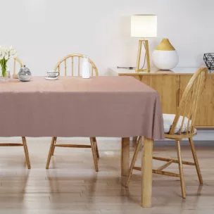 Obrus szyty pudrowo różowy o naturalnym, gęstym splocie w stylu eko