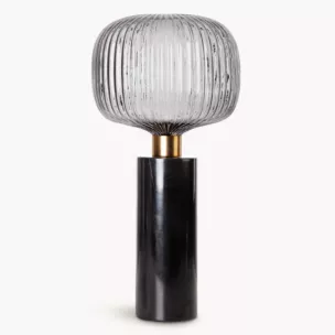 Lampa stołowa do salonu czarno, grafitowa LUKA o marmurowej podstawie i szklanym tłoczonym kloszem
