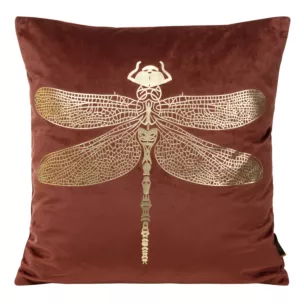 Poszewka na poduszkę 45x45 cm welwetowa kolor ceglasty z nadrukiem złotej ważki BLINK16