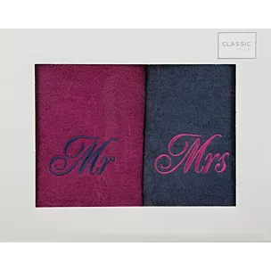 Zestaw ręczników bawełnianych na prezent 2 szt 50x90 cm z haftem MR&MRS kolor amarantowy,granatowy 400 g/m2