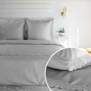 Pościel 160x200 cm komplet 3 częściowy z satyny bawełnianej kolor jasnoszary zdobiona elegancką koronką RETRO 6