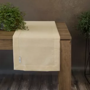 Bieżnik na stół złoty 40x180 cm o płóciennym splocie BIANCA 1 z dodatkiem błyszczącej nici wykończony podwójną listwą na brzegach