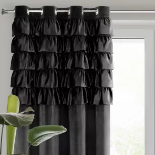 Zasłona welwetowa czarna zdobiona falbanami 140x250 cm przelotka - AURA